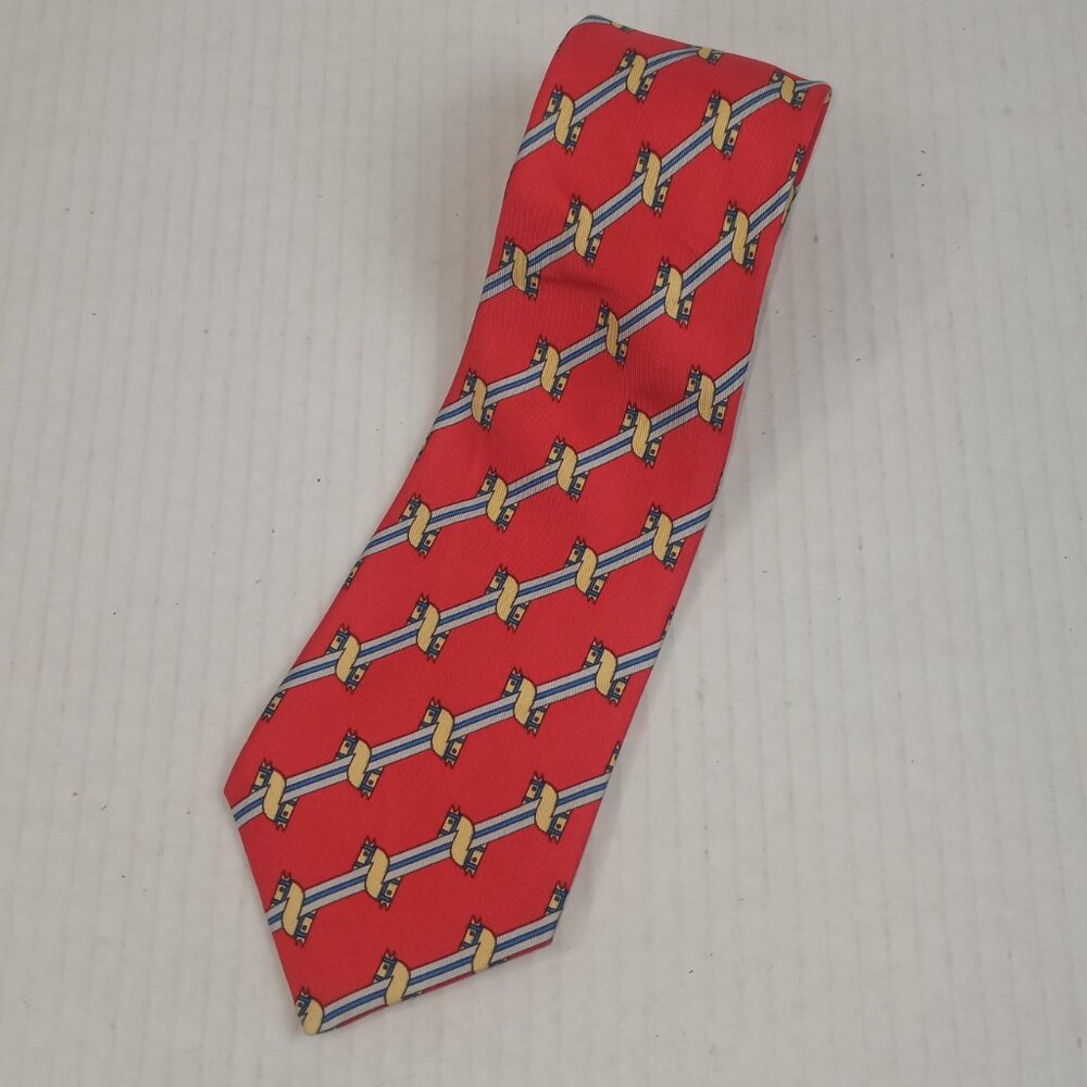Hermes Red Equestrian Yellow Striped 100% Silk Necktie